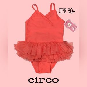 NWT Circo‎ One-Piece Tutu Ruffled Bathing Suit, UPF50+, Coral, 18 Months